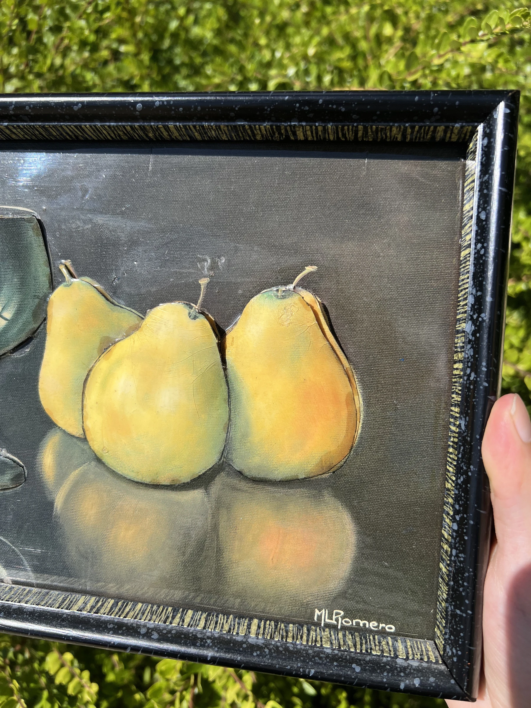 🍐 Op druk bord gesigneerd MLRomero – Stilleven met peren & glas – Vintage – photo 3
